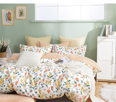 Estella Orange Floral 100% Cotton Reversible Duvet Cover Set