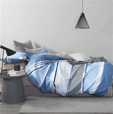 Mayvon Blue Striped 100% Cotton Duvet Cover Set Queen/Full