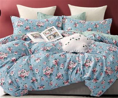 Anna Blue Pink Rose Cotton Comforter Set