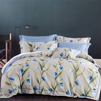 Nancy Beige Floral 100% Cotton Comforter Set Queen/Full