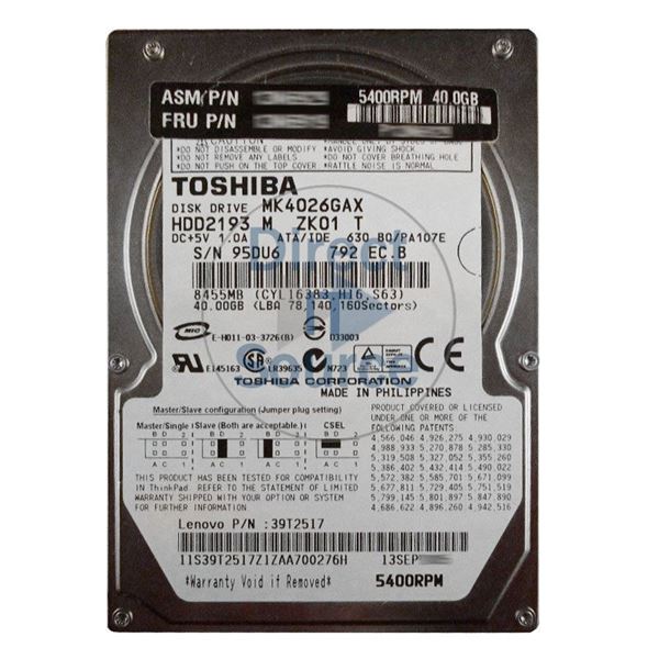 Lenovo 39T2517 - 40GB 5.4K IDE 2.5" 16MB Cache Hard Drive