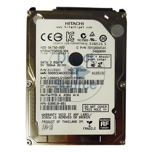 HP 638818-001 - 500GB 5.4K SATA 3.0Gbps 2.5" Hard Drive