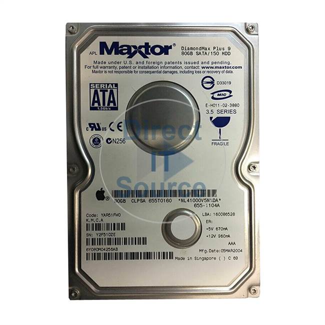 Apple 655T0160 - 80GB 7.2K SATA 3.5" Hard Drive