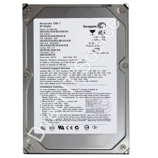 Seagate 9W2005-354 - 40GB 7.2K Ultra-ATA/100  3.5" 2MB Cache Hard Drive