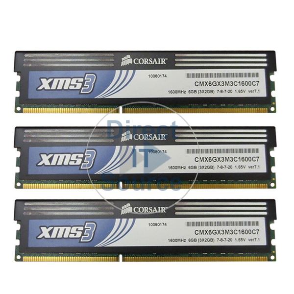 Corsair CMX6GX3M3C1600C7 - 6GB 3x2GB DDR3 PC3-12800 Non-ECC Unbuffered 240-Pins Memory