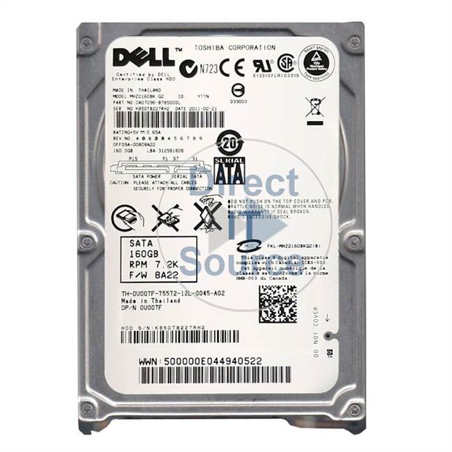 Dell H819J - 160GB 7200RPM SATA 3GBPS Hot Swap 2.5Inch Hard Drive