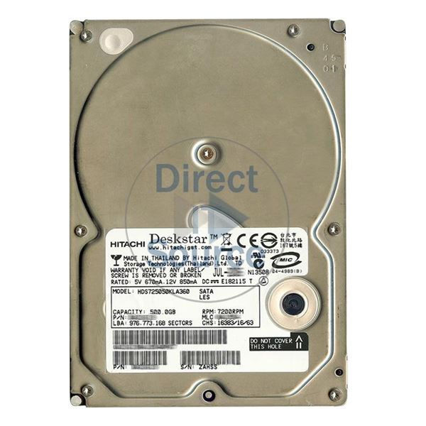 Hitachi HDS725050KLA360 - 500GB 7.2K SATA 3.0Gbps 3.5Inch 16MB Cache Hard Drive