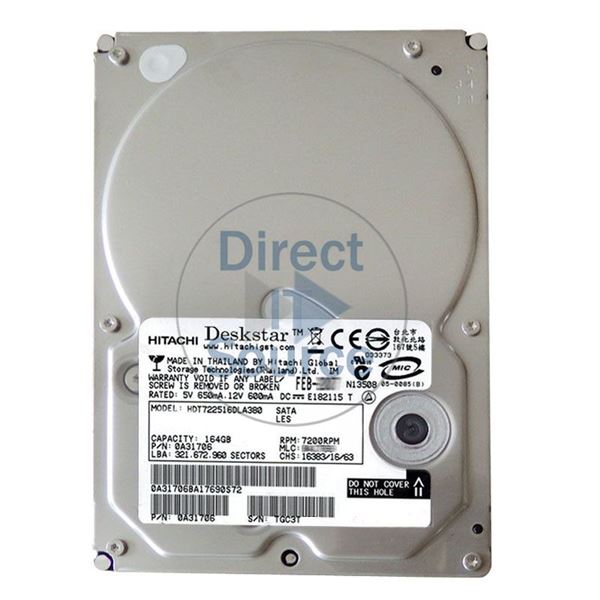 Hitachi HDT722516DLA380 - 160GB 7.2K SATA 3.0Gbps 3.5Inch 8MB Cache Hard Drive