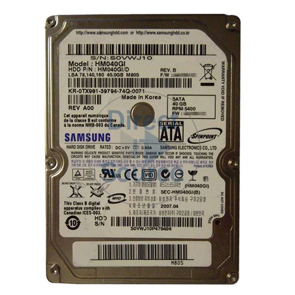 Samsung HM040GI/D - 40GB 5.4K 2.5Inch SATA 1.5Gbps 2MB Cache Hard Drive