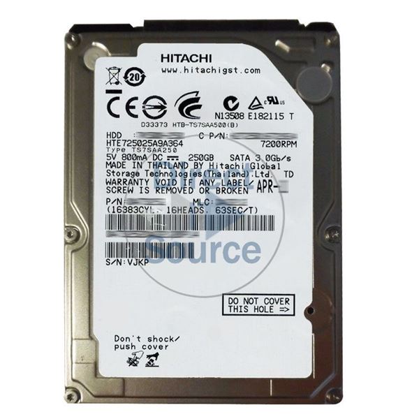 Hitachi HTE725025A9A364 - 250GB 7.2K SATA 3.0Gbps 2.5Inch 16MB Cache Hard Drive