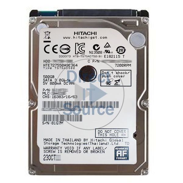 Hitachi HTE727550A9E364 - 500GB 7.2K SATA 3.0Gbps 2.5Inch 16MB Cache Hard Drive