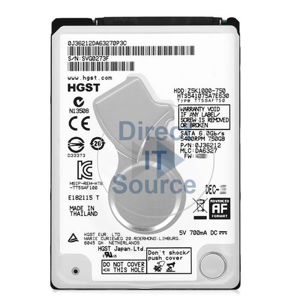 Hitachi HTS541075A7E630 - 750GB 5.4K SATA 6.0Gbps 2.5" 32MB Cache Hard Drive