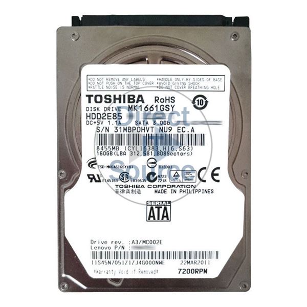 Toshiba MK1661GSY - 160GB 7.2K SATA 3.0Gbps 2.5" 16MB Cache Hard Drive
