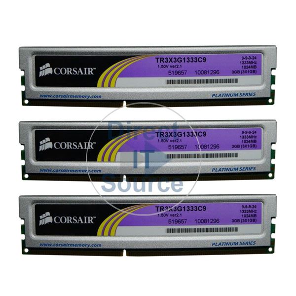 Corsair TR3X3G1333C9 - 3GB 3x1GB DDR3 PC3-10600 Non-ECC Unbuffered 240-Pins Memory