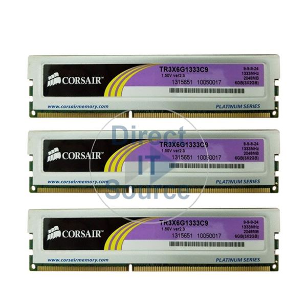Corsair TR3X6G1333C9 - 6GB 3x2GB DDR3 PC3-10600 Non-ECC Unbuffered 240-Pins Memory