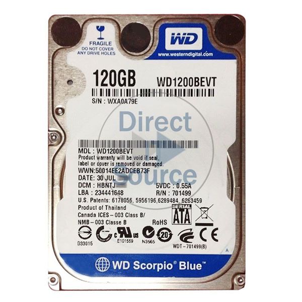 WD WD1200BEVT - 120GB 5.4K SATA 3.0Gbps 2.5" 8MB Hard Drive