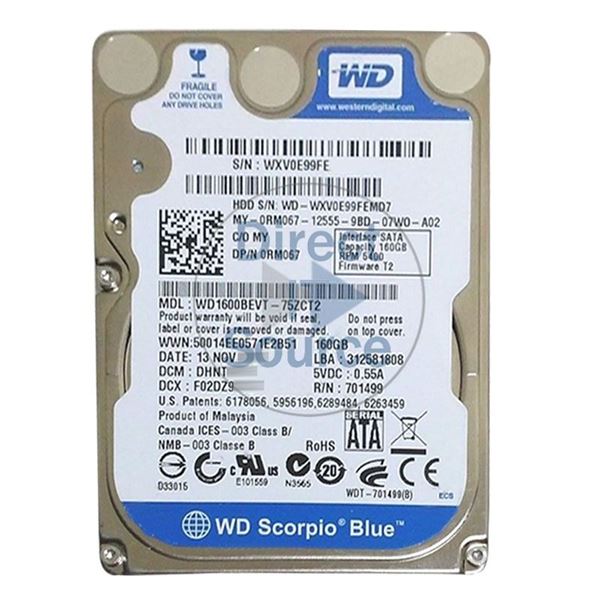 WD WD1600BEVT-75ZCT2 - 160GB 5.4K SATA 3.0Gbps 2.5" 8MB Hard Drive