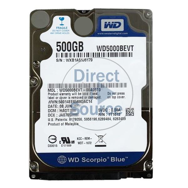 WD WD5000BEVT-00A05T0 - 500GB 5.4K SATA 3.0Gbps 2.5" 8MB Hard Drive