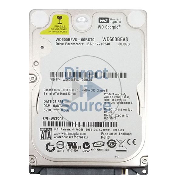 WD WD600BEVS-00RST0 - 60GB 5.4K SATA 1.5Gbps 2.5" 8MB Cache Hard Drive