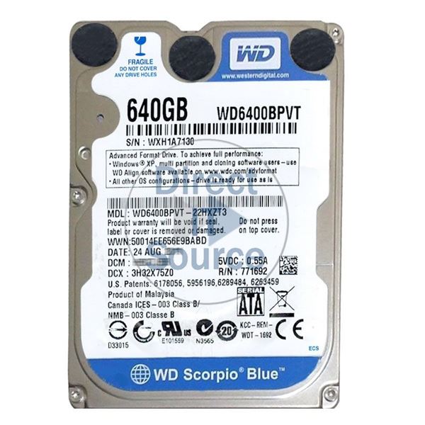 WD WD6400BPVT-22HXZT3 - 640GB 5.4K SATA 3.0Gbps 2.5" 8MB Cache Hard Drive
