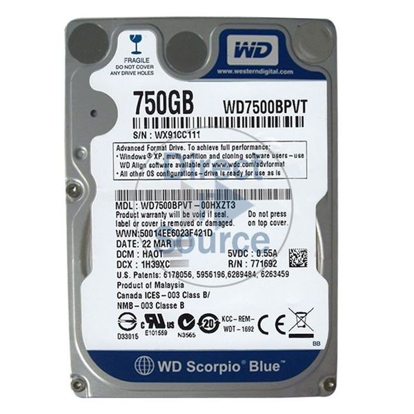 WD WD7500BPVT-00HXZT3 - 750GB 5.4K SATA 3.0Gbps 2.5" 8MB Hard Drive