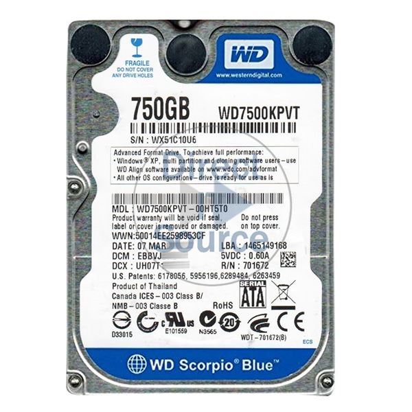 WD WD7500KPVT-00HT5T0 - 750GB 5.2K SATA 3.0Gbps 2.5" 8MB Hard Drive