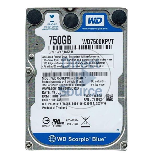 WD WD7500KPVT-00U4RT1 - 750GB 5.2K SATA 3.0Gbps 2.5" 8MB Hard Drive