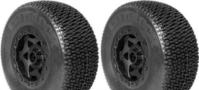 AKA City Block SC Tires-Super Soft -SC10 Front On Black Rims (2)