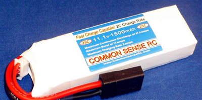 Common Sense RC 1500mAh 11.1v 3s Lipo Battery Pack For TRX 1/16th, 25c