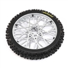 Losi Promoto PM-MX Front Dunlop MX53 Tire mounted on satin chrome wheel