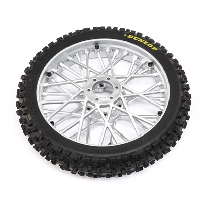 Losi Promoto PM-MX Front Dunlop MX53 Tire mounted on satin chrome wheel