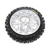 Losi Promoto PM-MX Rear Dunlop MX53 Tire mounted on satin chrome wheel