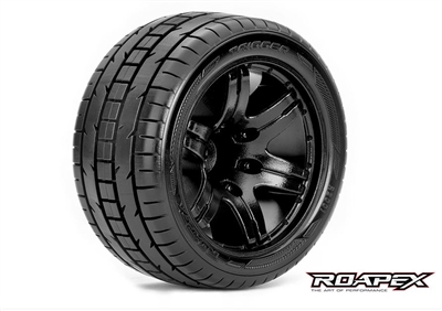 ROAPEX Trigger Stadium Truck Tires on Black 0 offset Rims (2)