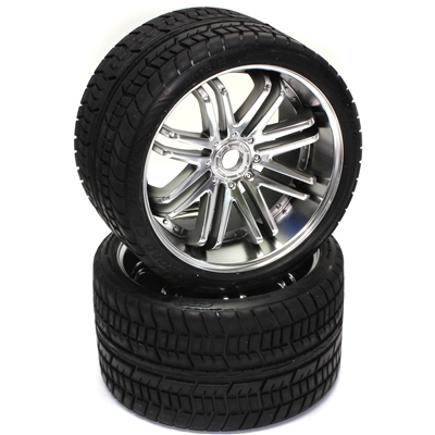 Sweep Road Crusher Belted Monster Truck Tires on Silver Rims (2)