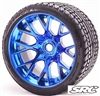 Sweep Road Crusher Belted Monster Truck Tires on Blue Chrome 1/2" Wide Offset Rims (2)