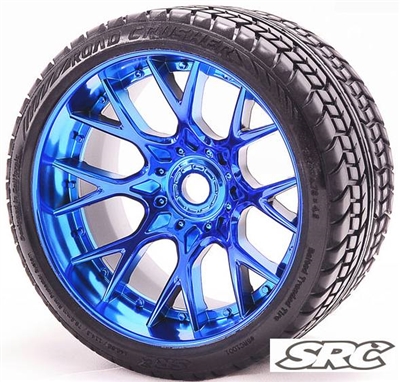 Sweep Road Crusher Belted Monster Truck Tires on Blue Chrome 1/2" Wide Offset Rims (2)