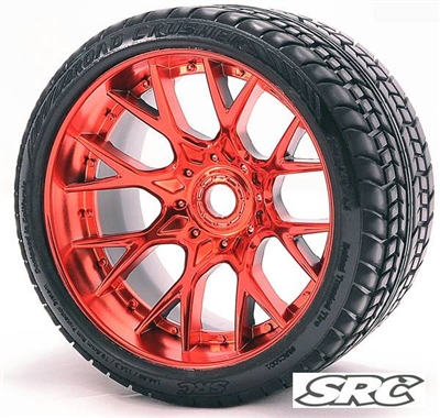 Sweep Road Crusher Belted Monster Truck Tires on Red Chrome 1/2" Wide Offset Rims (2)