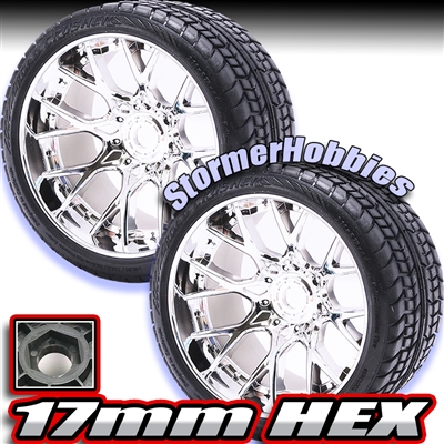 Sweep Road Crusher Belted Monster Truck Tires on Silver Chrome 1/2" Wide Offset Rims (2)