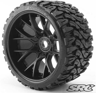 Sweep Terrain Crusher Belted Monster Truck Tires on Black 1/2" Wide Offset Rims (2)