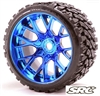 Sweep Terrain Crusher Belted Monster Truck Tires on Blue Chrome 1/2" Wide Offset Rims (2)