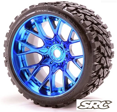 Sweep Terrain Crusher Belted Monster Truck Tires on Blue Chrome 1/2" Wide Offset Rims (2)