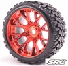 Sweep Terrain Crusher Belted Monster Truck Tires on Red Chrome 1/2" Wide Offset Rims (2)