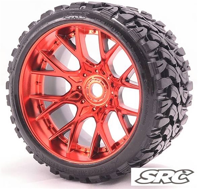 Sweep Terrain Crusher Belted Monster Truck Tires on Red Chrome 1/2" Wide Offset Rims (2)