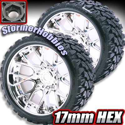 Sweep Terrain Crusher Belted Monster Truck Tires on Silver Chrome 1/2" Wide Offset Rims (2)