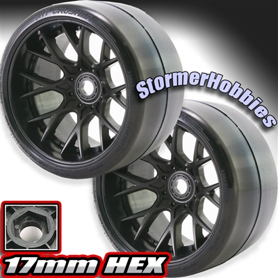Sweep VHT Crusher Belted Monster Truck Tires on Black 1/2" Wide Offset Rims (2)