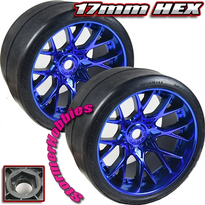 Sweep VHT Crusher Belted Monster Truck Slick Tires on Blue Chrome 1/2" Wide Offset Rims (2) 17mm hubs