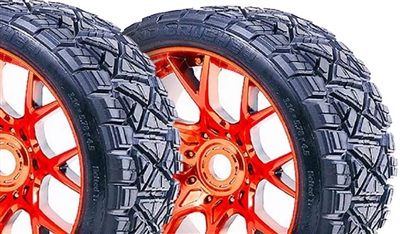 Sweep Land Crusher Belted Monster Truck Tires on Red Chrome 1/2" Wide Offset Rims (2)