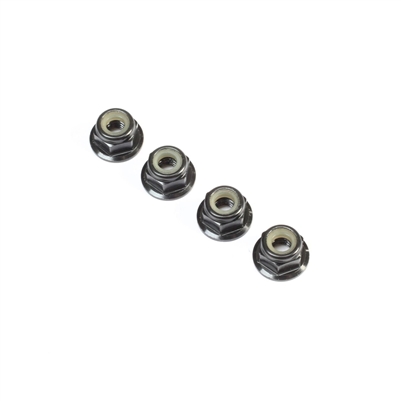 Losi 22 5.0 DC/AC Flanged Locknuts - M4 x 0.7mm x 7mm, black aluminum (4)