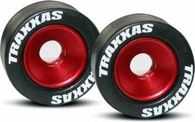 Traxxas Wheelie Bar Rubber Tires on Red Aluminum Wheels (2)