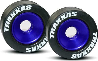 Traxxas Wheelie Bar Rubber Tires On Blue Aluminum Wheels (2)